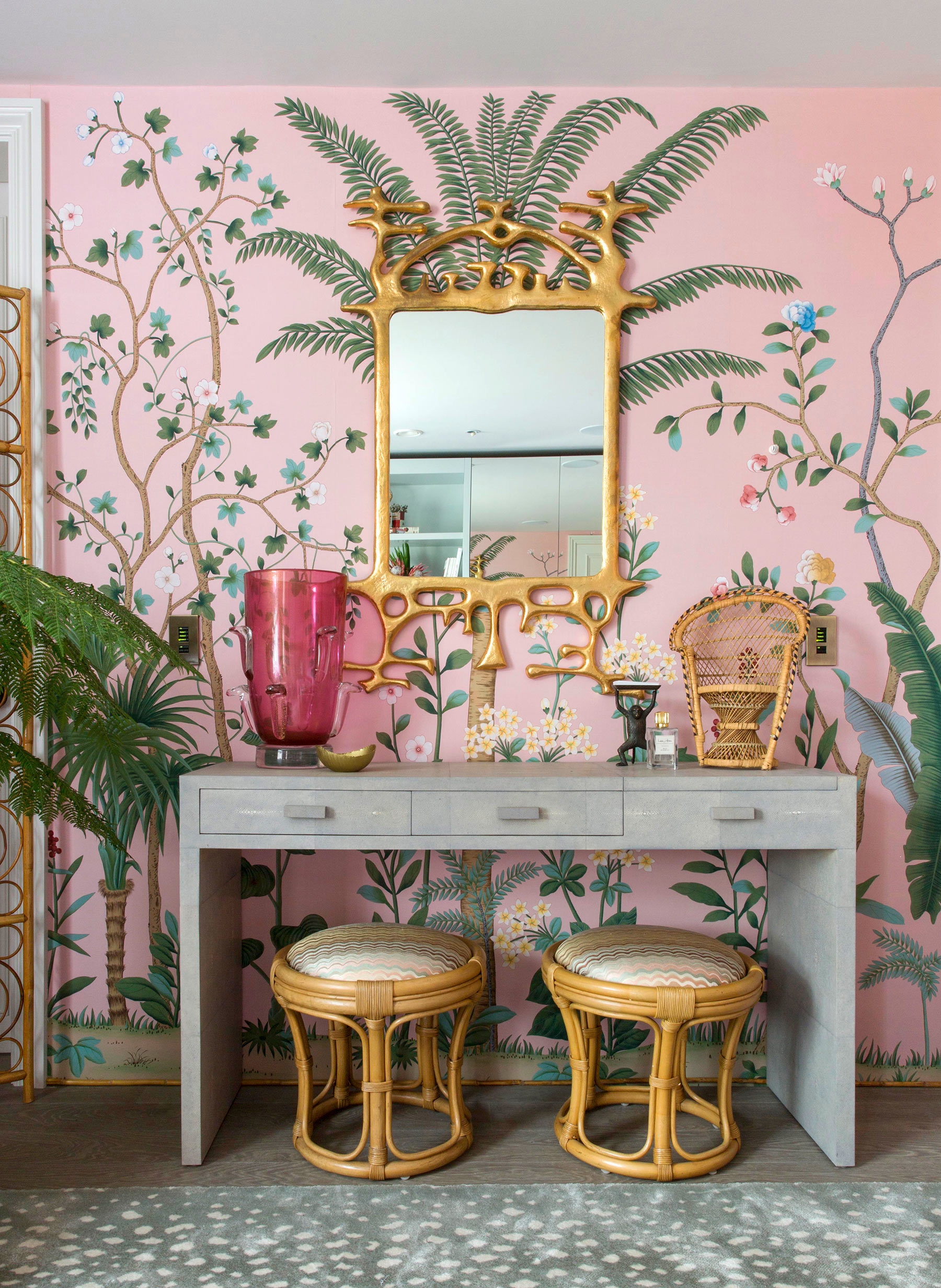 ‘Amazonia’ in standard design colours on Florence Pink dyed silk with hand embroidery